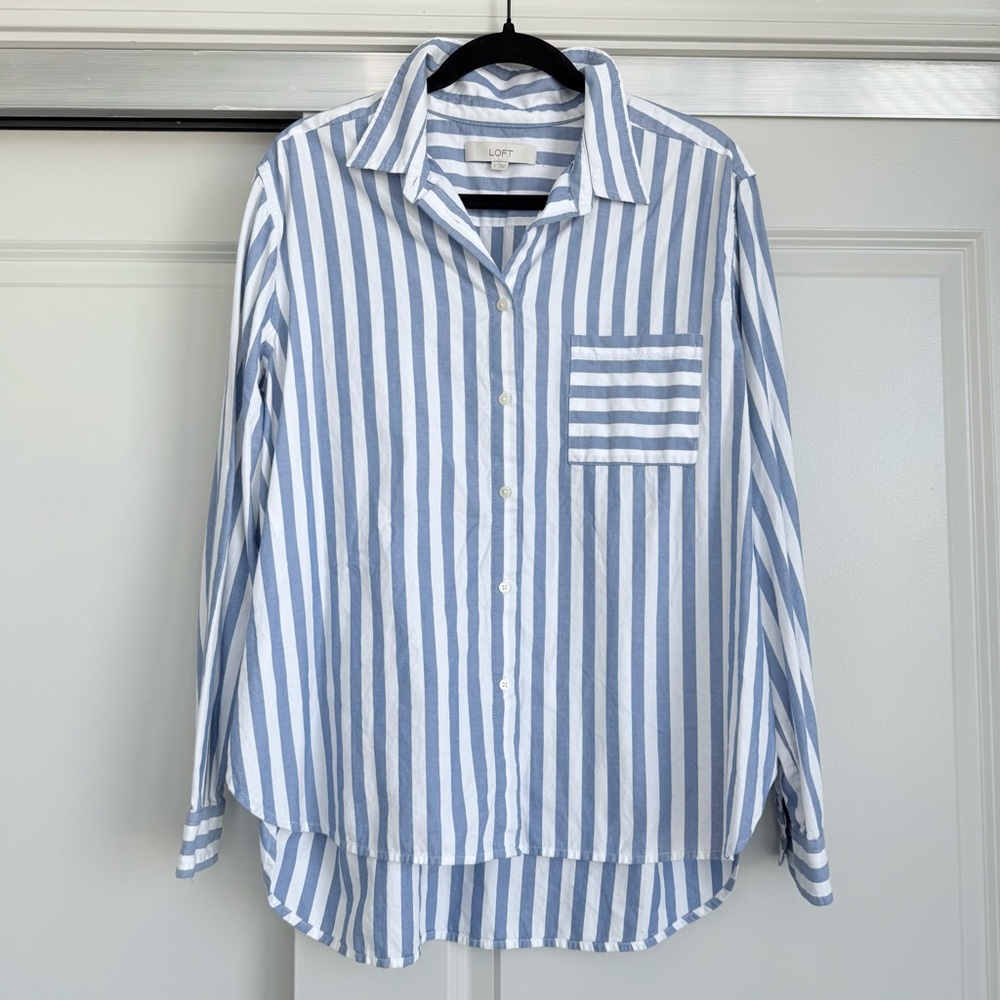 LOFT Blue & White Striped Cotton Button-Up Shirt